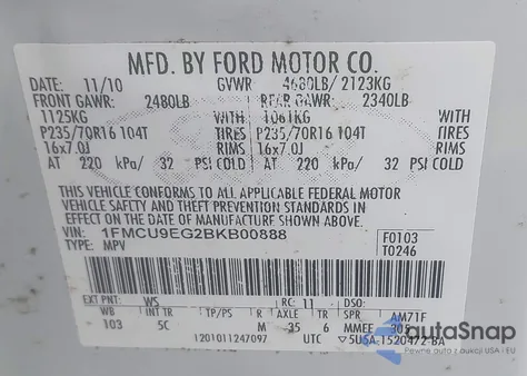 2011 Ford Escape Limited z USA, uszkodzony, nr VIN 1FMCU9EG2BKB00888